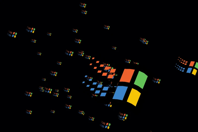 Flying Windows screensaver: dozens of four-color 1990s Windows flag logos flying out of the dark toward the viewer