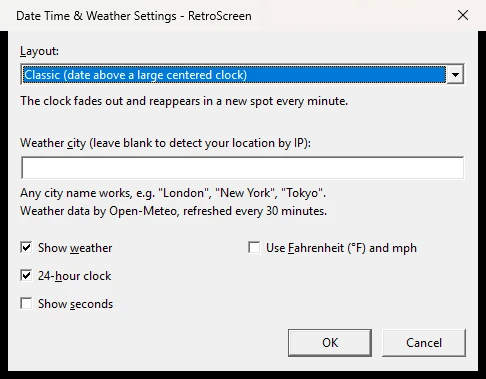 Date Time & Weather Settings dialog: a Layout drop-down, a Weather city field, and check boxes for Show weather, 24-hour clock, Show seconds and Use Fahrenheit