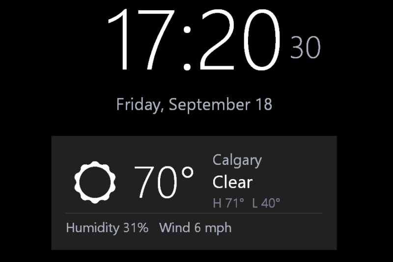 Date Time & Weather screensaver, Weather Card layout: 17:20 with seconds, 'Friday, September 18', and a card showing Calgary, 70 degrees, Clear, high 71, low 40, humidity 31 percent, wind 6 mph