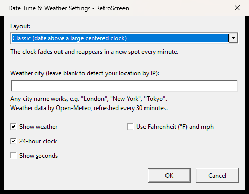 Date Time & Weather Settings dialog: a Layout drop-down, a Weather city field, and check boxes for Show weather, 24-hour clock, Show seconds and Use Fahrenheit