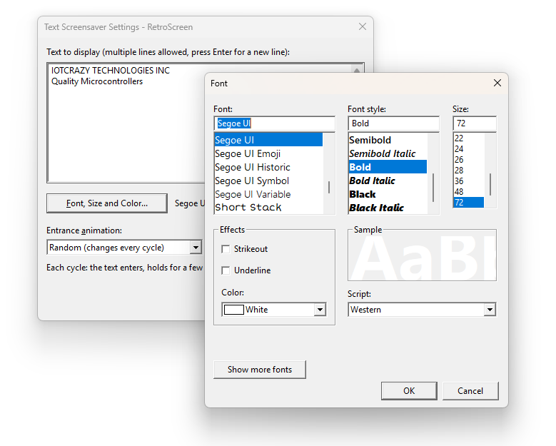 Text Screensaver Settings dialog with a two-line message typed in, and the Windows Font dialog open in front of it showing Segoe UI, Bold, 72, colour White