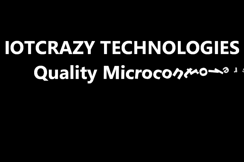 Text Effects screensaver: 'IOTCRAZY TECHNOLOGIES' in large bold white text, with the second line 'Quality Microcontrollers' still spinning into place letter by letter